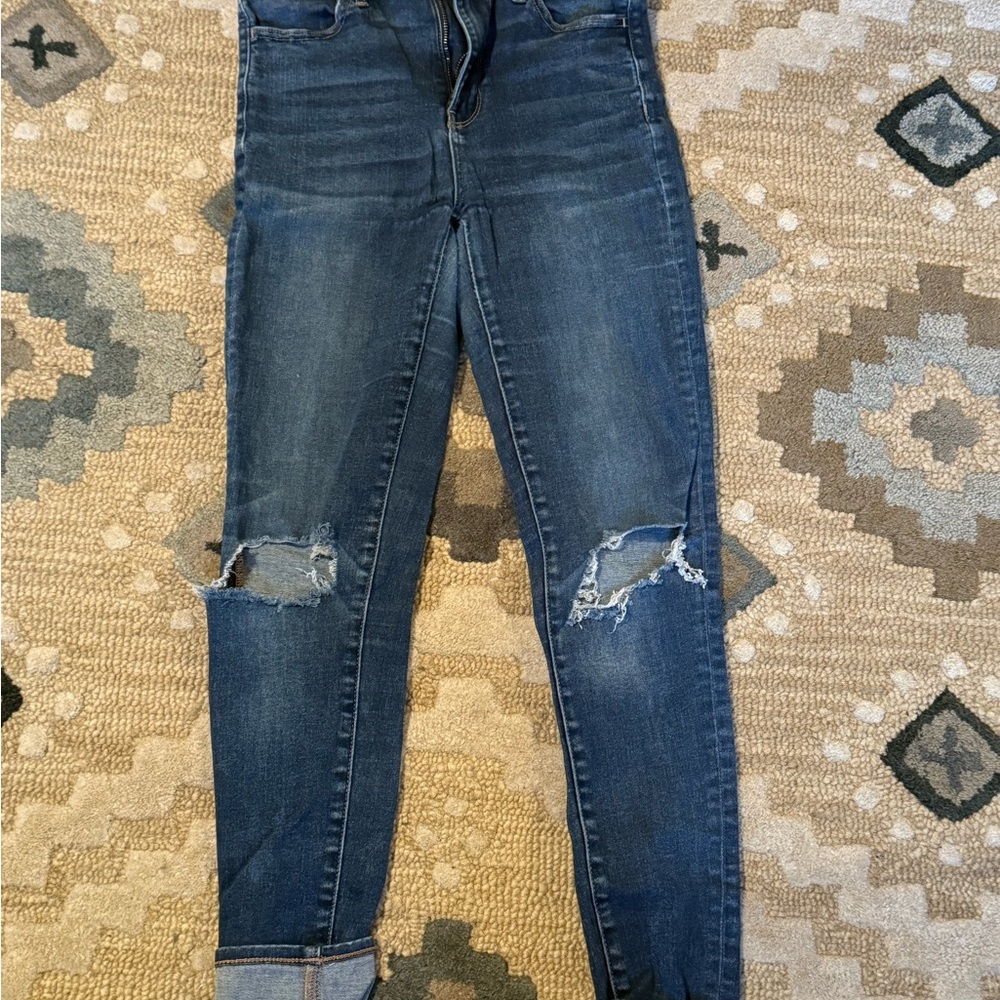 American Eagle Outfitters Blue Skinny Jeans with Distressed Details